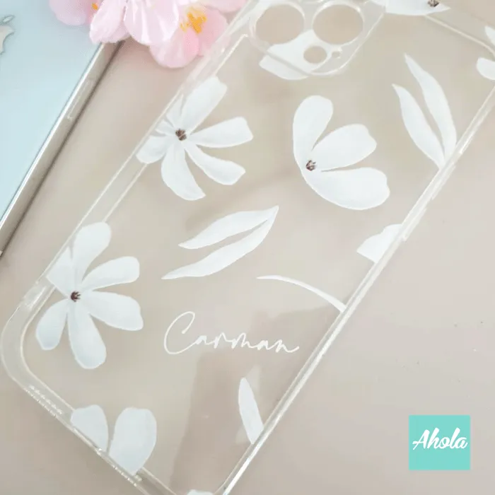 【Fally】Soft TPU transparent phone case 白色花朵名字透明電話軟殼