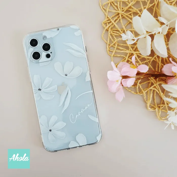 【Fally】Soft TPU transparent phone case 白色花朵名字透明電話軟殼