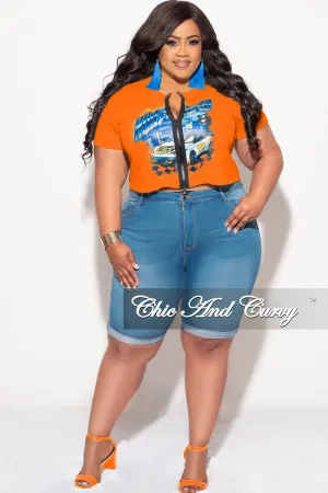 Final Sale Plus Size Zip Up Jersey "DESTINY " Graphic Top in Orange