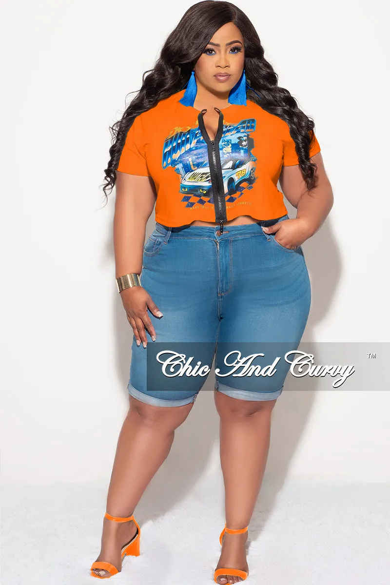 Final Sale Plus Size Zip Up Jersey "DESTINY " Graphic Top in Orange