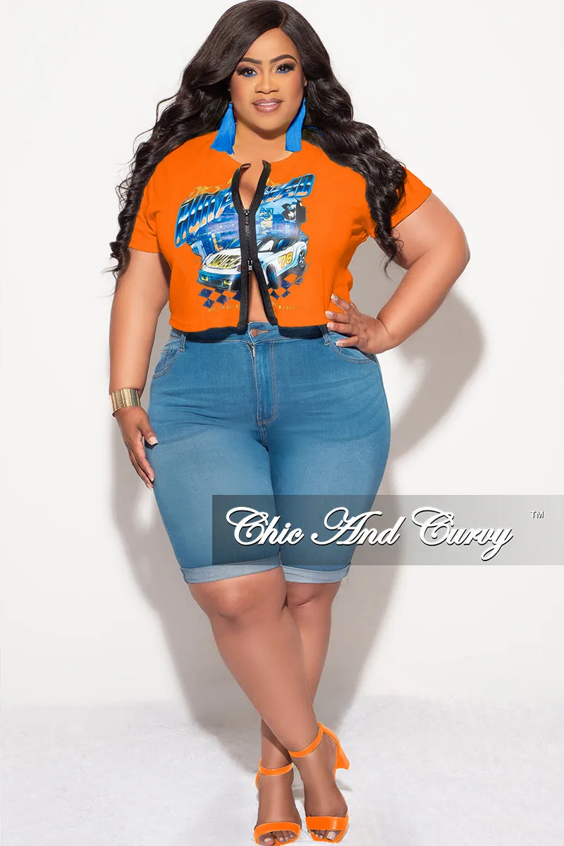 Final Sale Plus Size Zip Up Jersey "DESTINY " Graphic Top in Orange