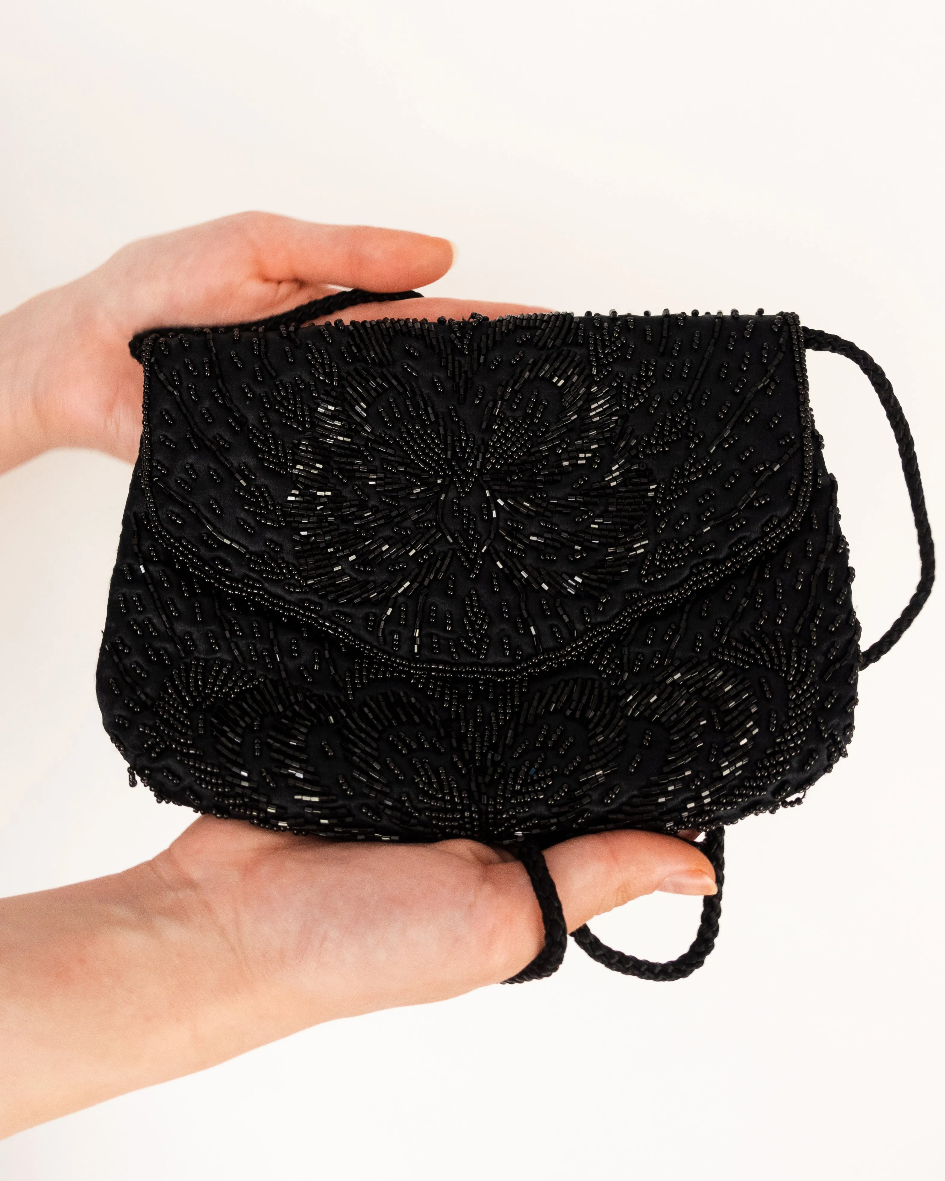 Flapper Hand Beaded Black Floral Embroidered Pouch Bag