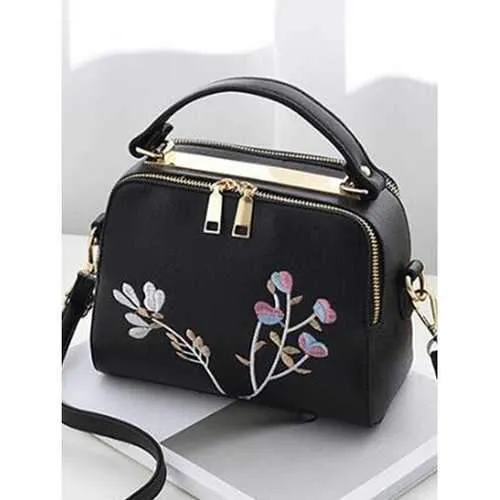 Flower Decoration PU Leather Crossbody Bag - Black