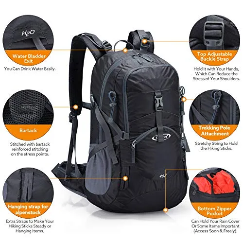 G4Free 45L Waterproof Hiking Travel Backpack with Rain Cover