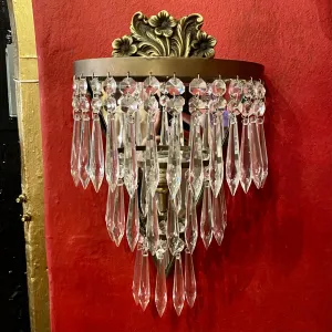 Gorgeous Aged Brass & Crystal Waterfall Sconce - SOLD