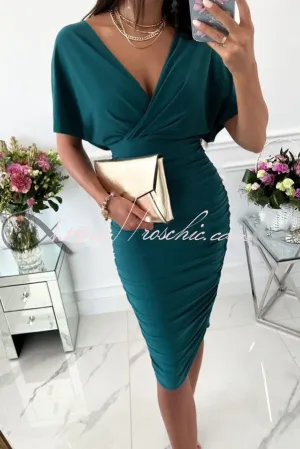 Gorgeous Day Batwing Sleeve Ruched Midi Dress