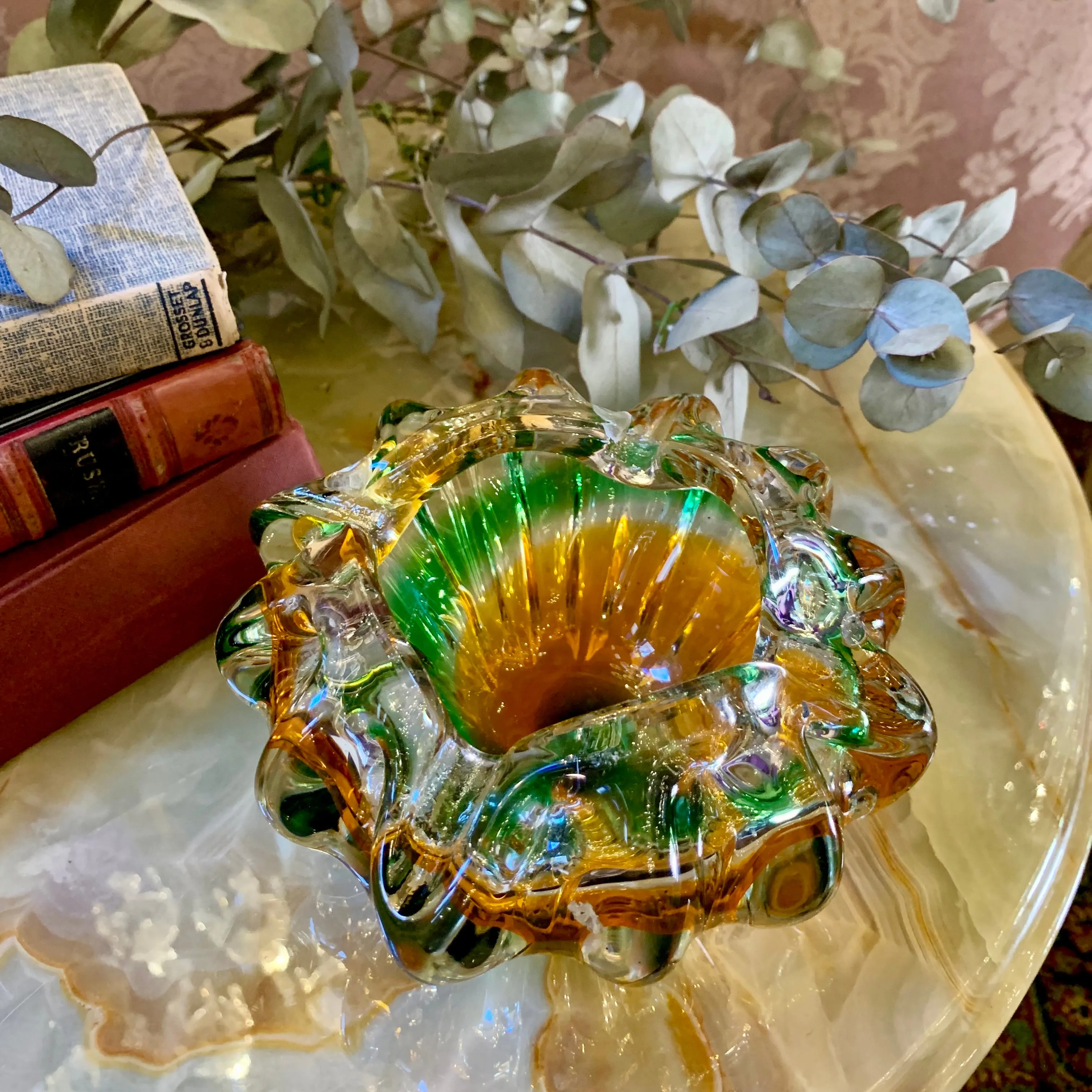 Gorgeous Green and Gold Murano Bowl