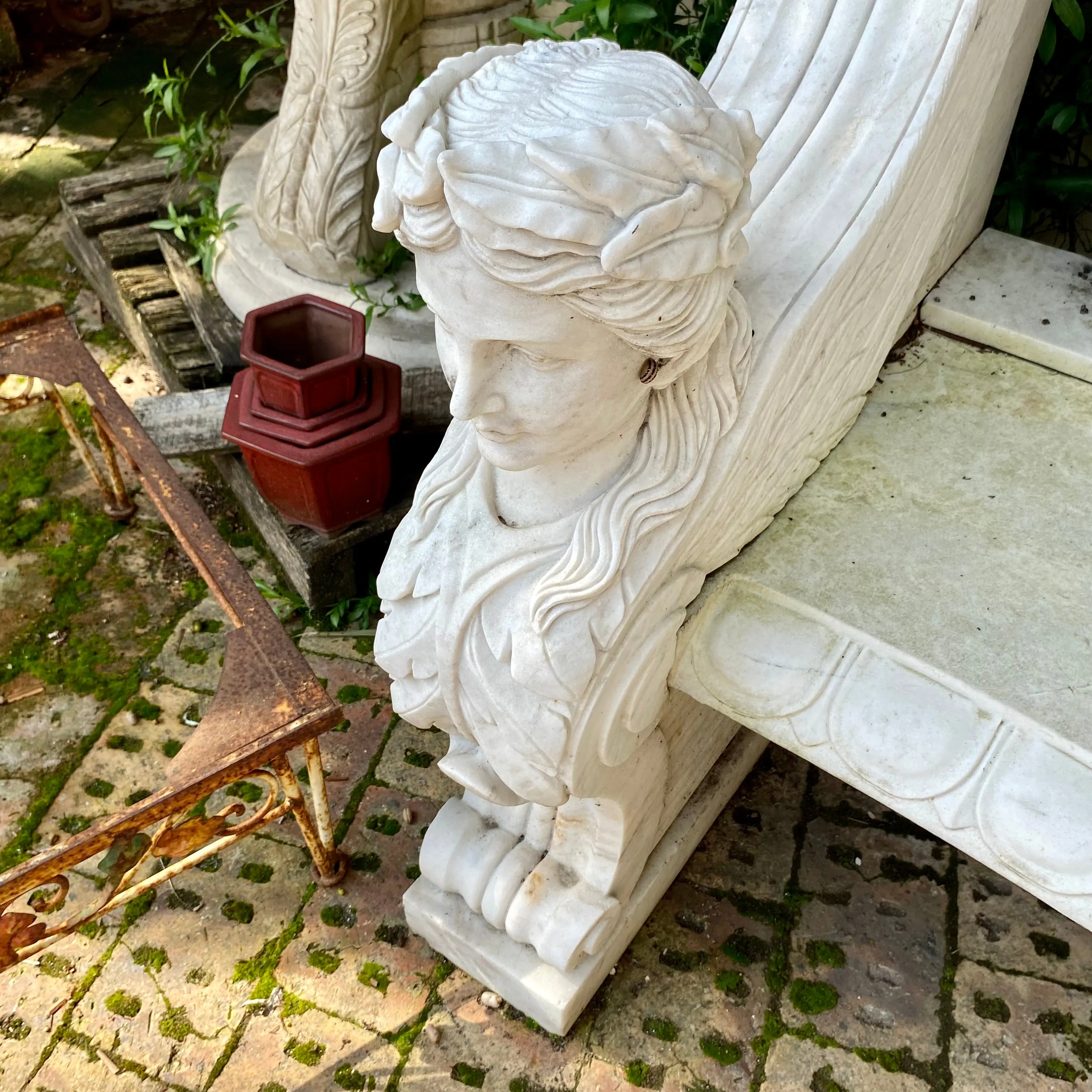 Gorgeous Hand Carved White Marble Bench