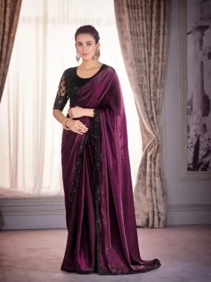 Gorgeous Wine Satin Organza Embroidered Saree