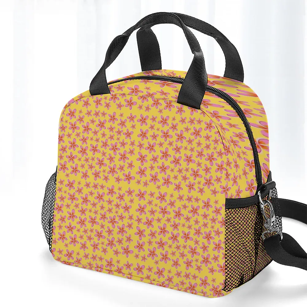 Graphic Pink Frangipanis Yellow Insulated Lunch Bag with Handles & Shoulder strap