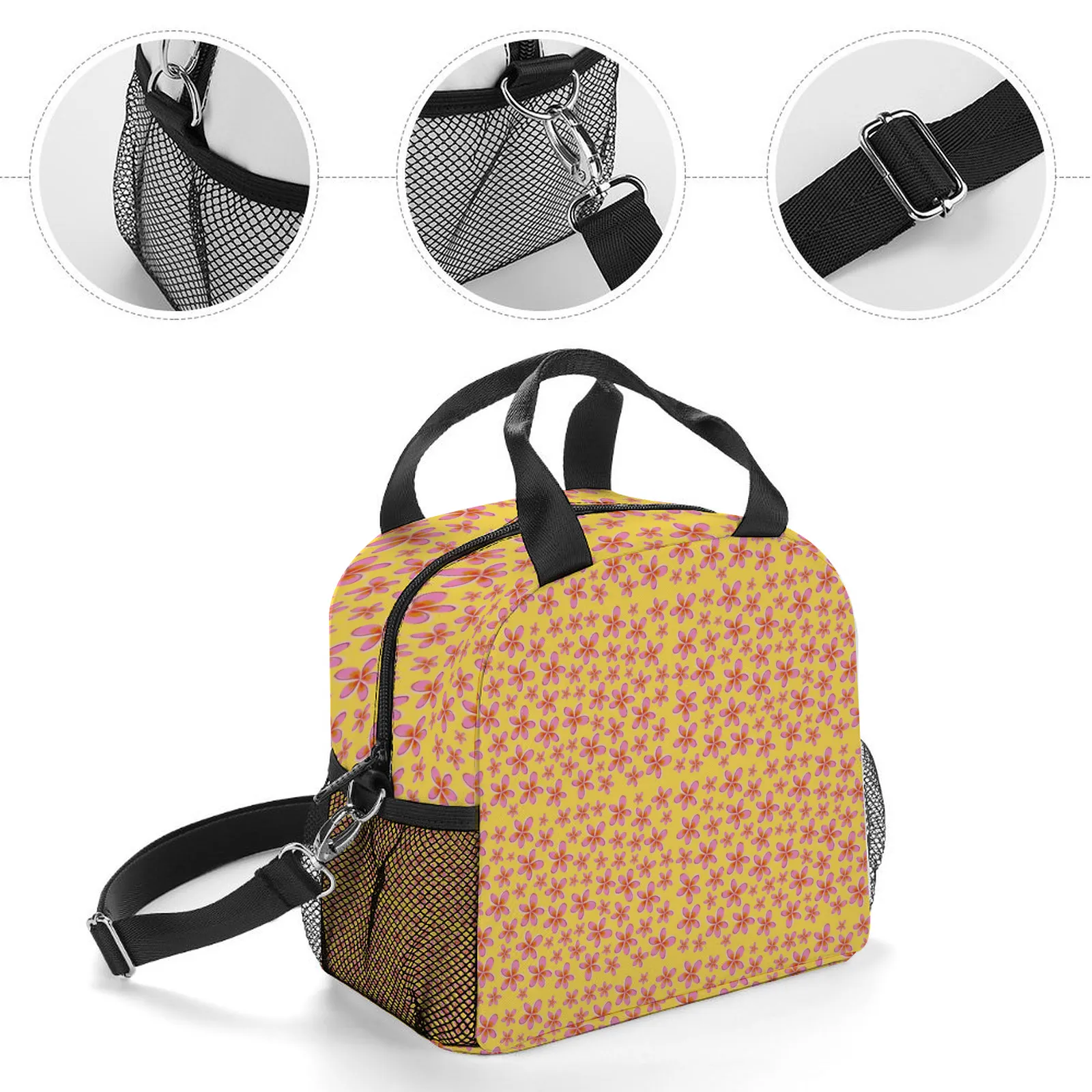 Graphic Pink Frangipanis Yellow Insulated Lunch Bag with Handles & Shoulder strap