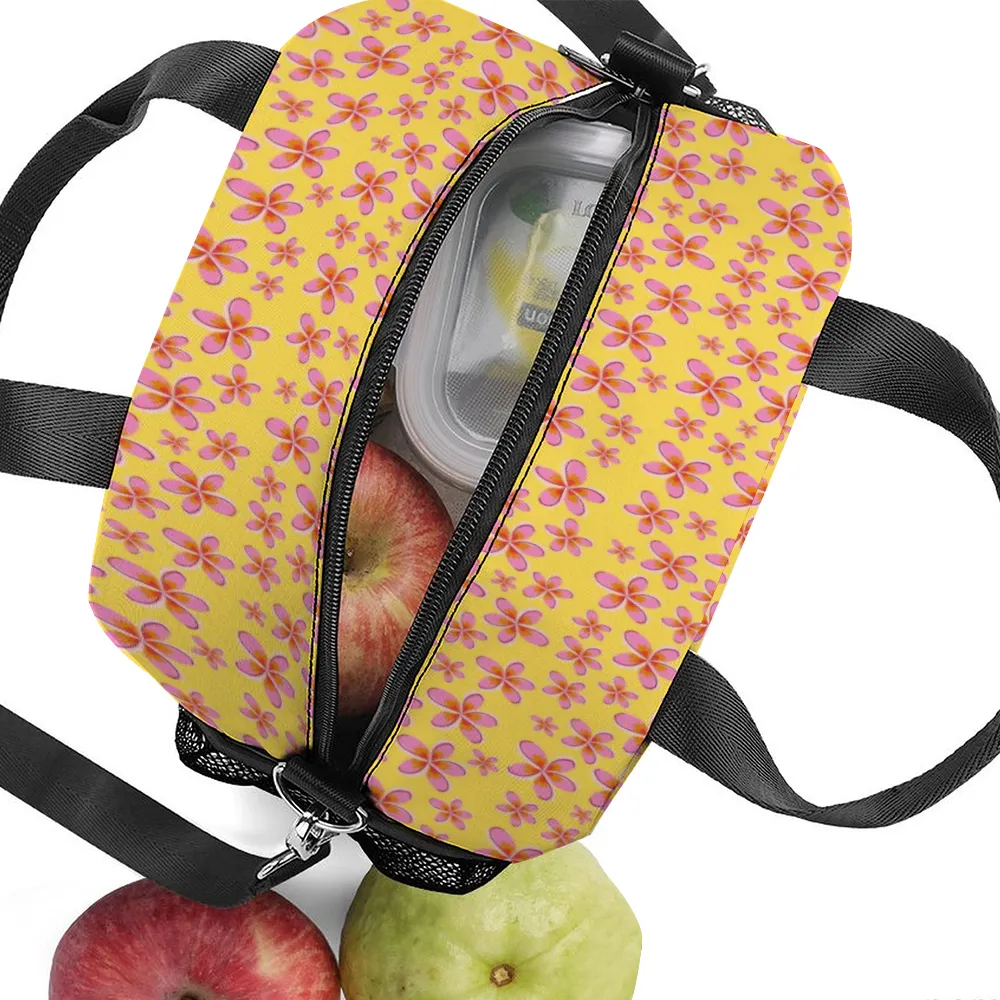 Graphic Pink Frangipanis Yellow Insulated Lunch Bag with Handles & Shoulder strap