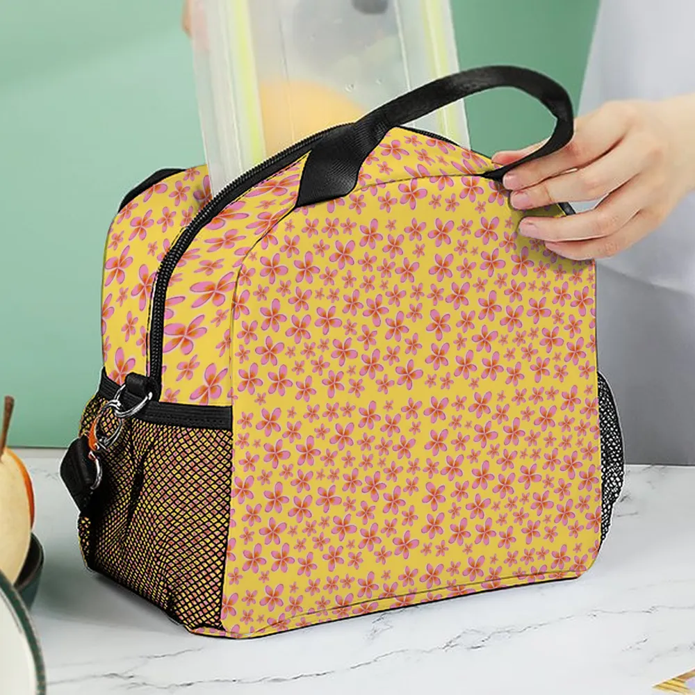 Graphic Pink Frangipanis Yellow Insulated Lunch Bag with Handles & Shoulder strap