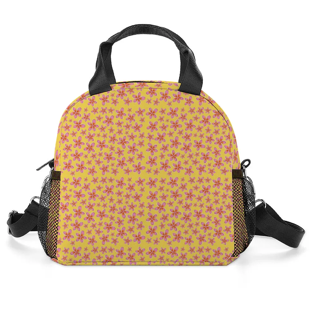 Graphic Pink Frangipanis Yellow Insulated Lunch Bag with Handles & Shoulder strap