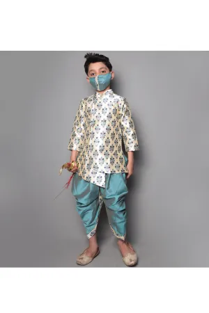 Grey floral printed asymmetric sherwani and dhoti with mask