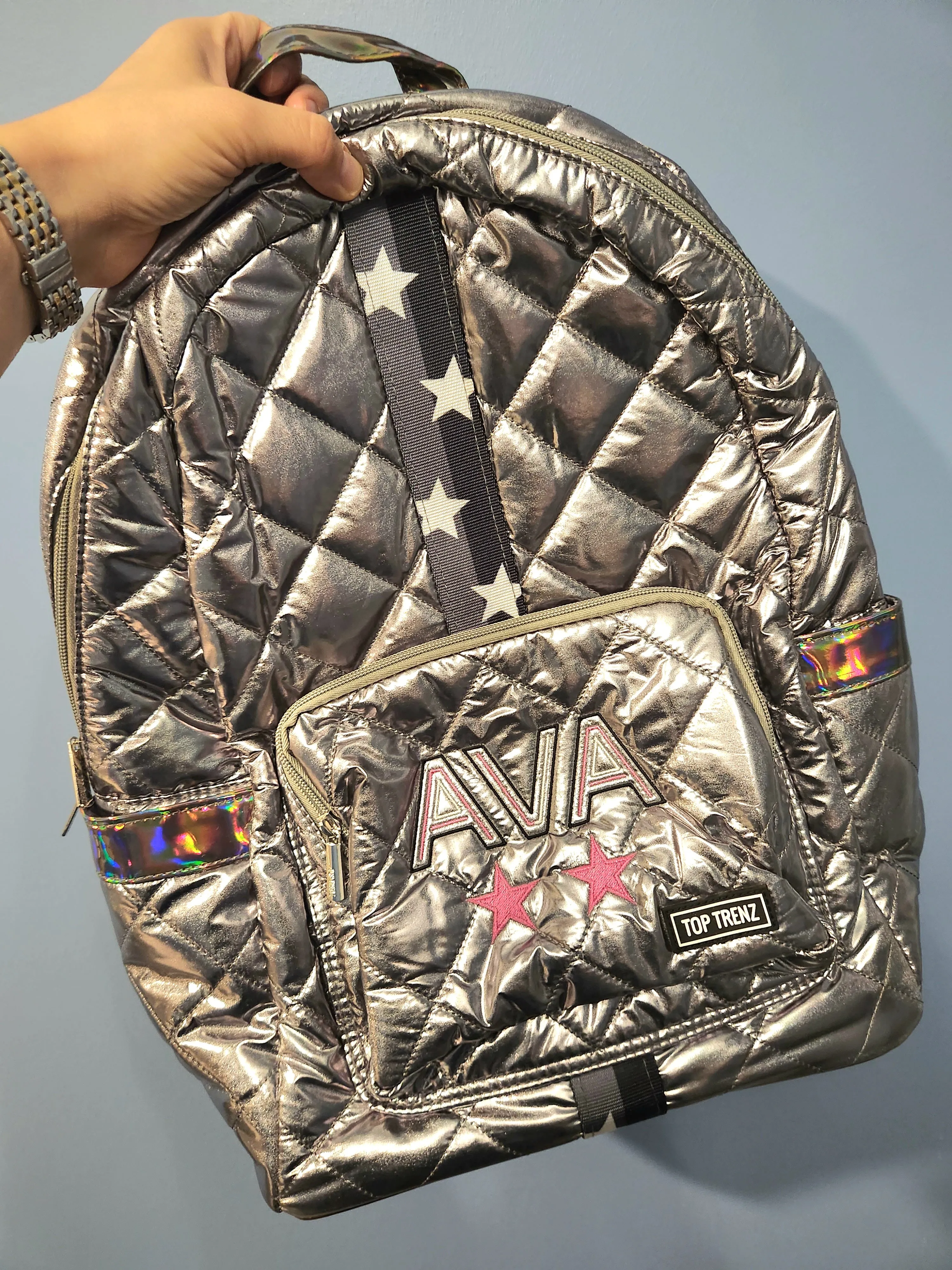 Gunmetal Diamond Stitch Backpack Split Star Straps