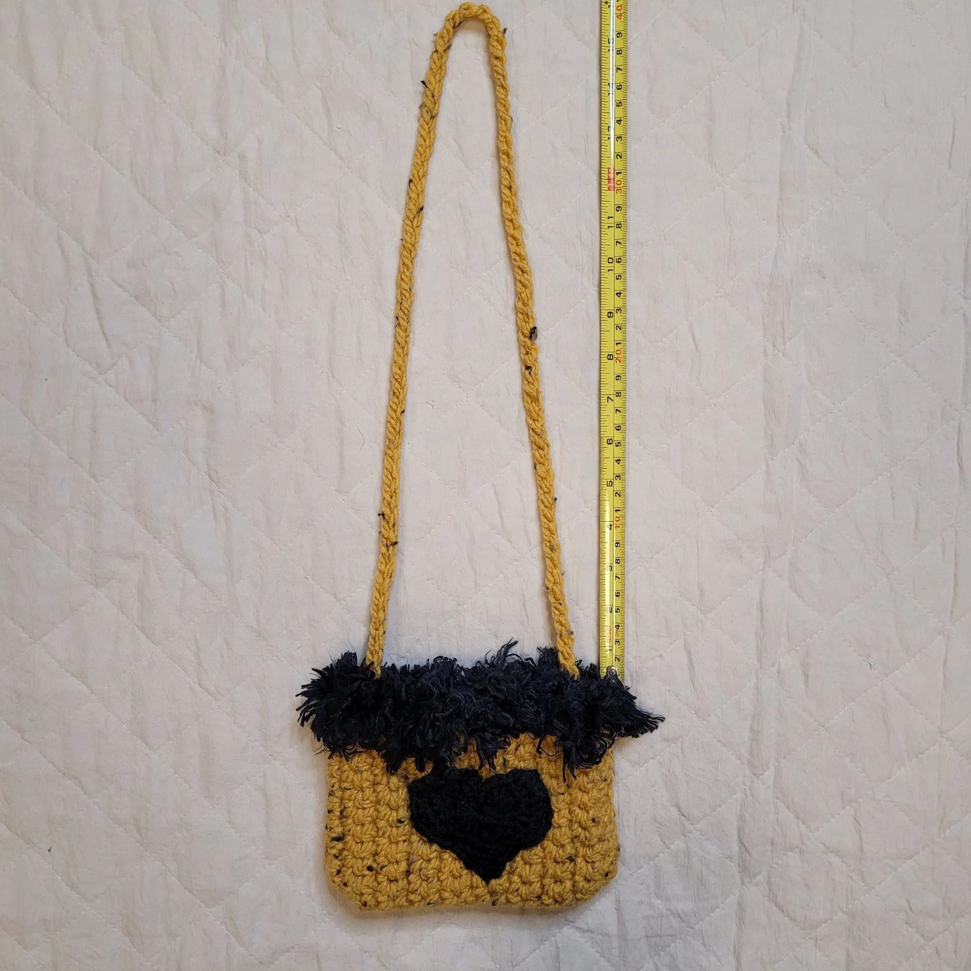 Handmade Black Heart with Fluffy Trim Crochet Mini Shoulder Bag by Nikita Naomi