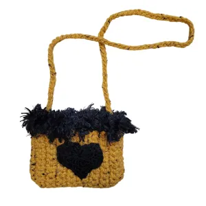 Handmade Black Heart with Fluffy Trim Crochet Mini Shoulder Bag by Nikita Naomi