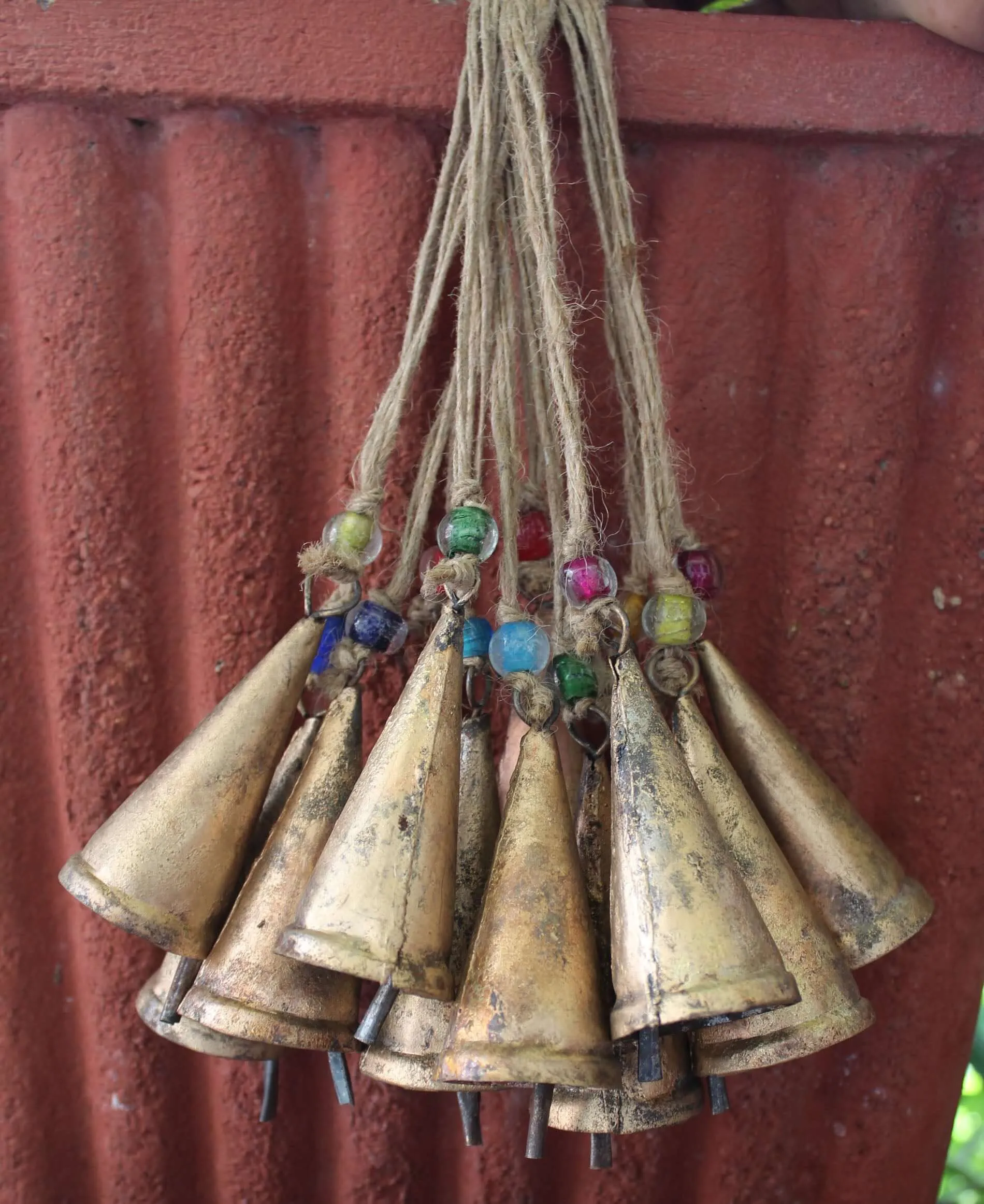 Handmade Rustic Iron Tin Bells with Jute String and Glass Beads Set of 24 Bells