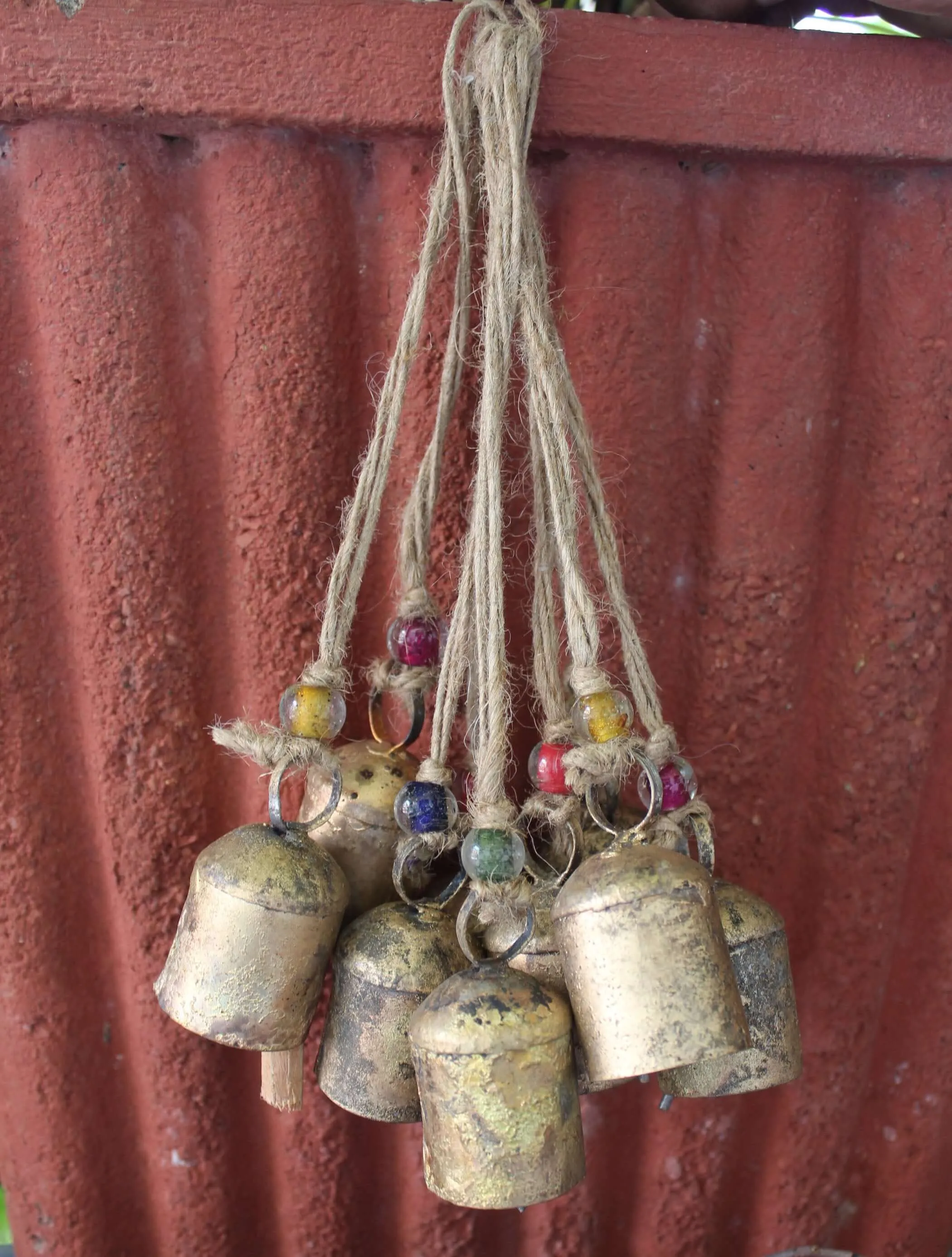 Handmade Rustic Iron Tin Bells with Jute String and Glass Beads Set of 24 Bells