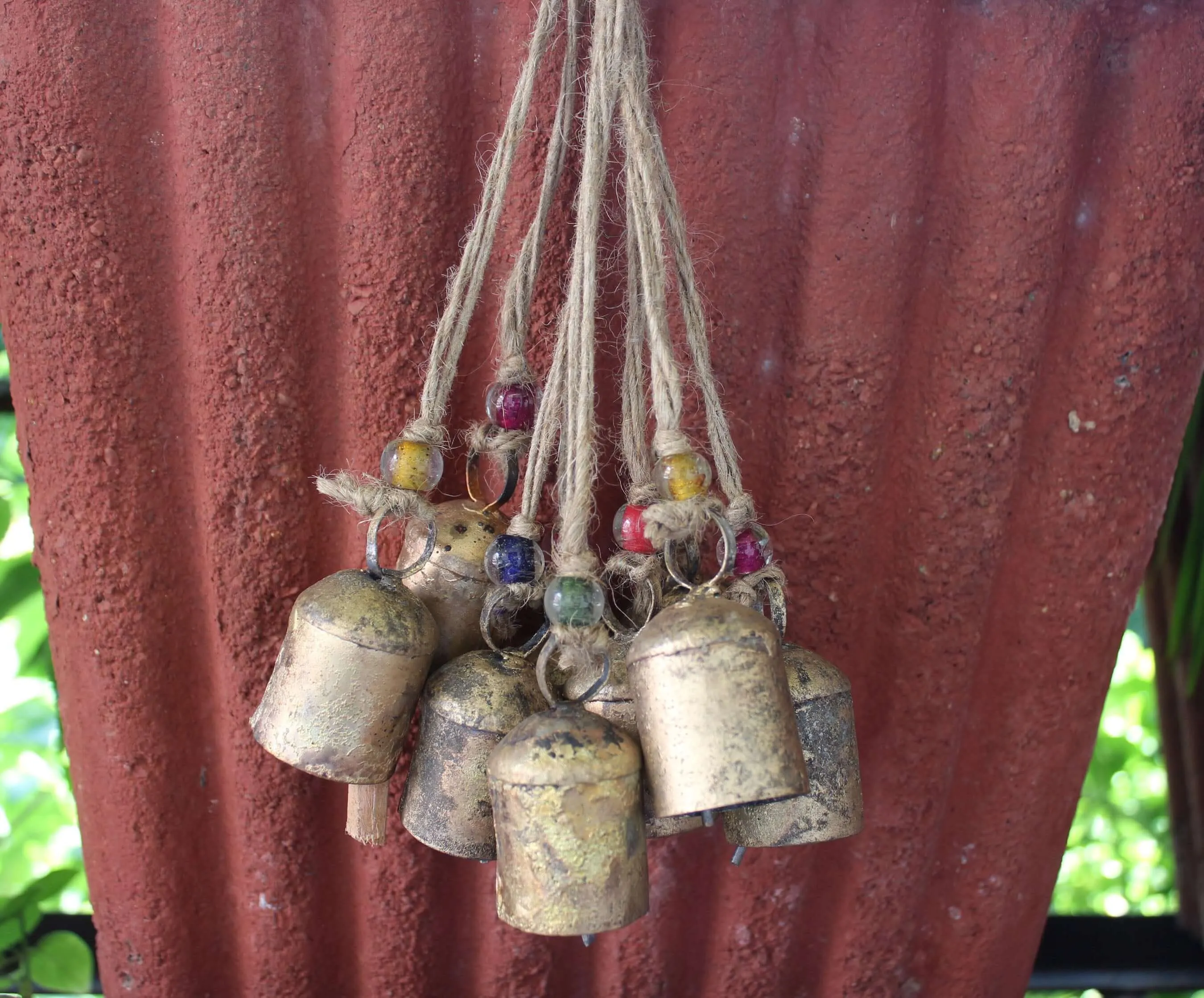 Handmade Rustic Iron Tin Bells with Jute String and Glass Beads Set of 24 Bells