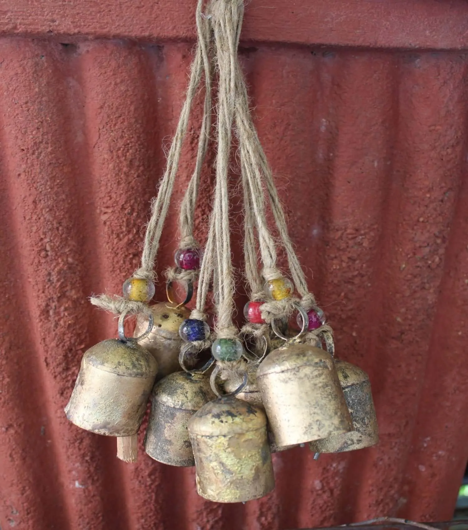 Handmade Rustic Iron Tin Bells with Jute String and Glass Beads Set of 24 Bells