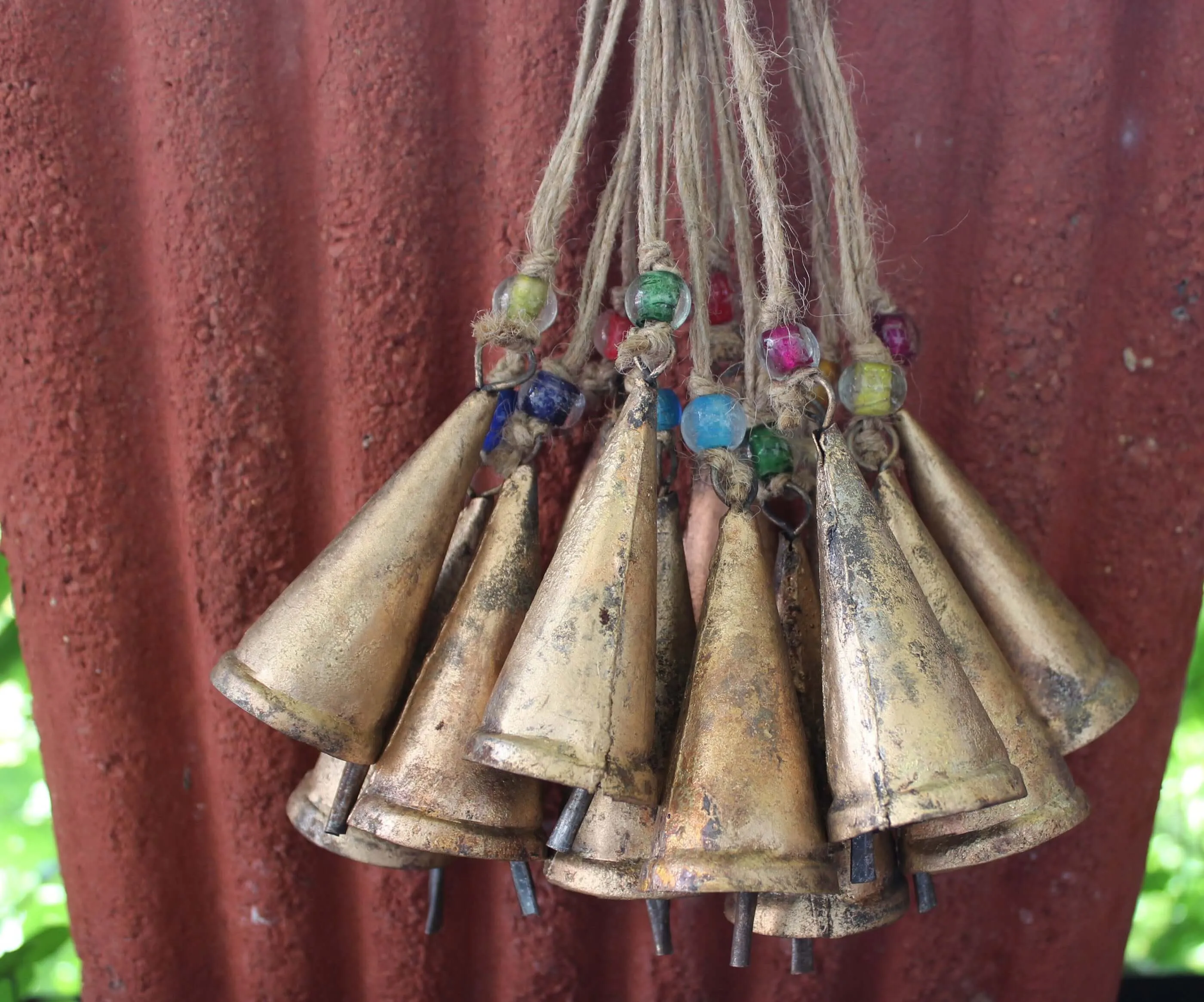 Handmade Rustic Iron Tin Bells with Jute String and Glass Beads Set of 24 Bells