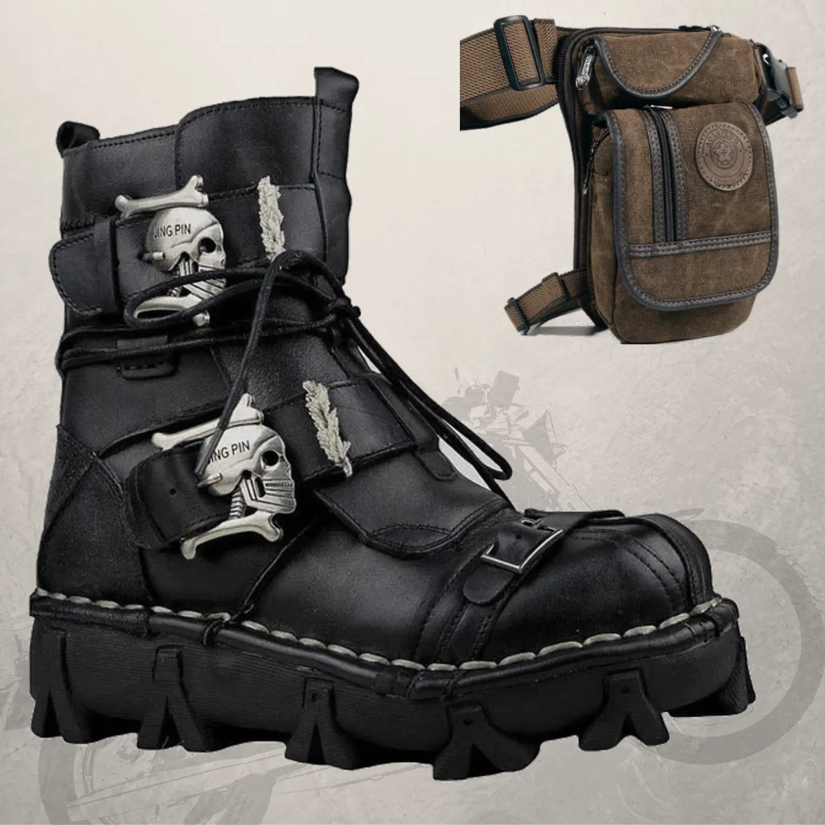 Handmade Skull Leather Boots   Free Leg Bag Bundle