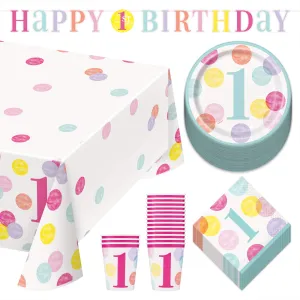 Happy 1st Birthday Pink Dots Dessert Party Pack - Paper Plates, Napkins, Cups, Table Cover, and Letter Banner Set (Serves 16)