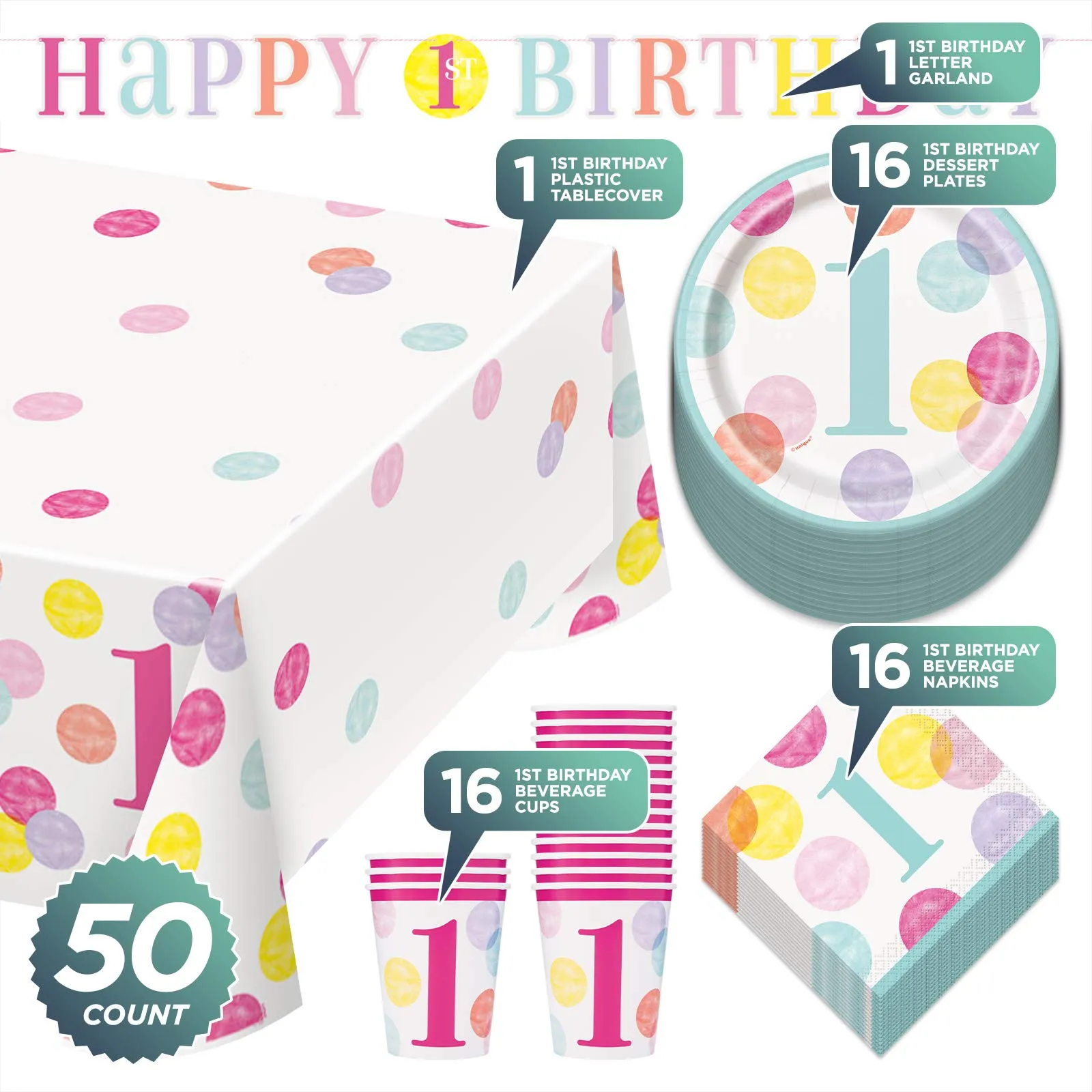 Happy 1st Birthday Pink Dots Dessert Party Pack - Paper Plates, Napkins, Cups, Table Cover, and Letter Banner Set (Serves 16)