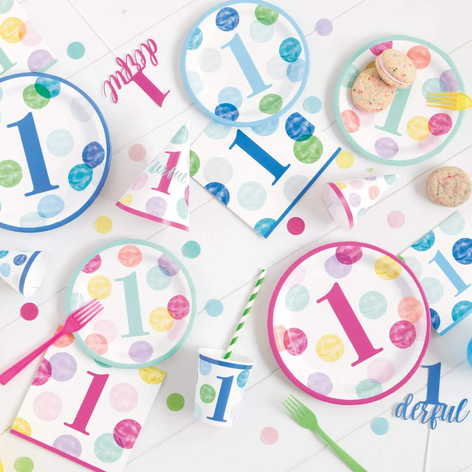 Happy 1st Birthday Pink Dots Dessert Party Pack - Paper Plates, Napkins, Cups, Table Cover, and Letter Banner Set (Serves 16)