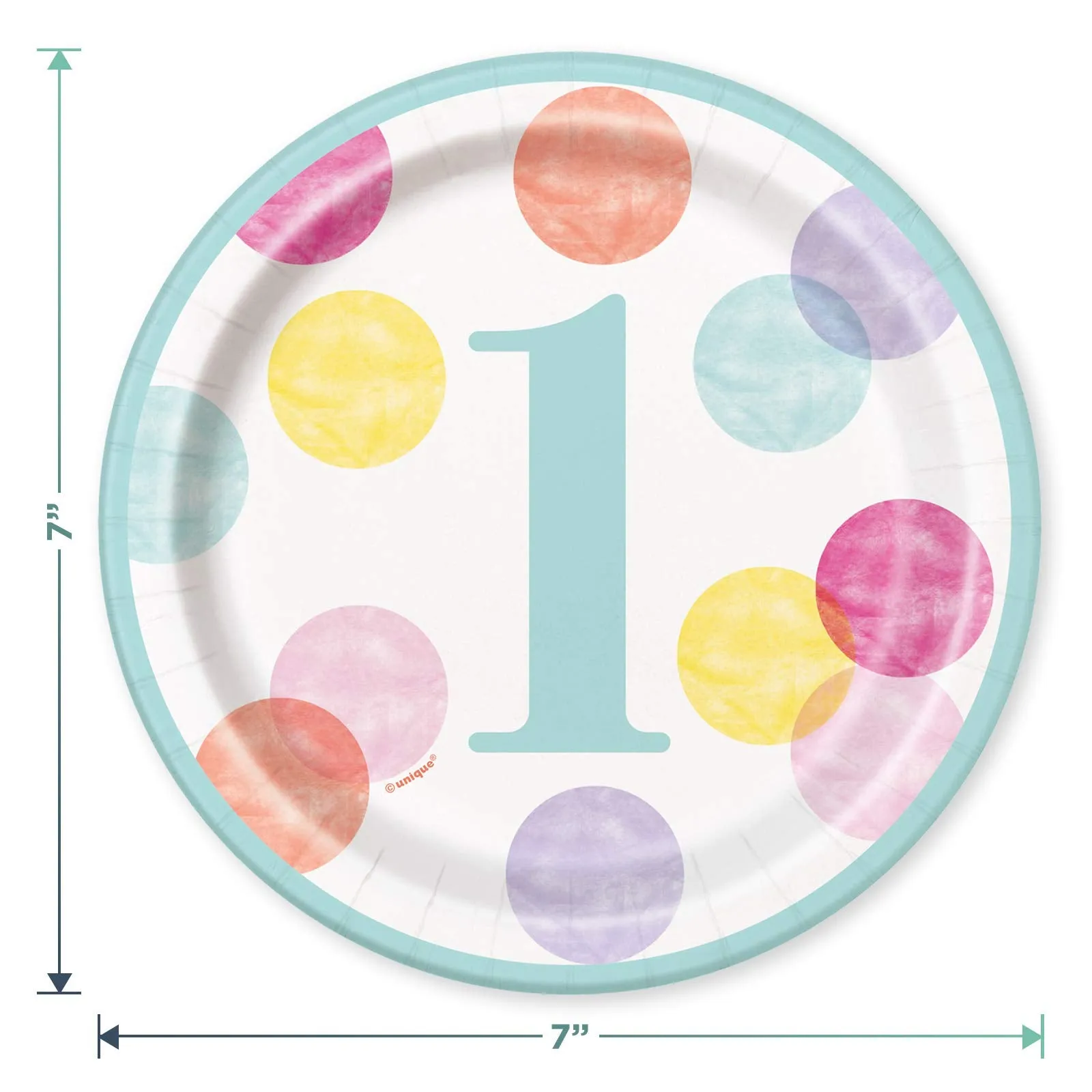 Happy 1st Birthday Pink Dots Dessert Party Pack - Paper Plates, Napkins, Cups, Table Cover, and Letter Banner Set (Serves 16)