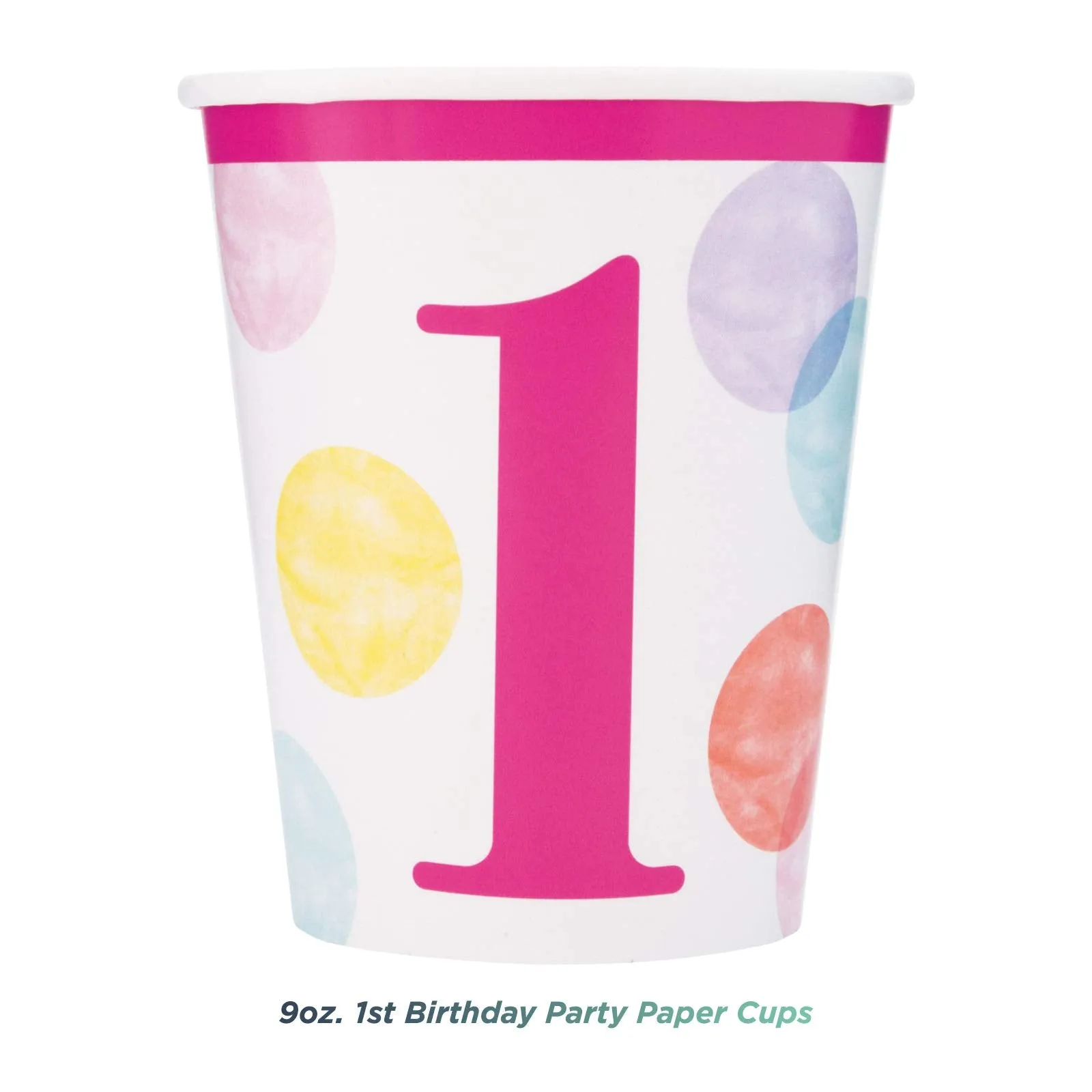 Happy 1st Birthday Pink Dots Dessert Party Pack - Paper Plates, Napkins, Cups, Table Cover, and Letter Banner Set (Serves 16)