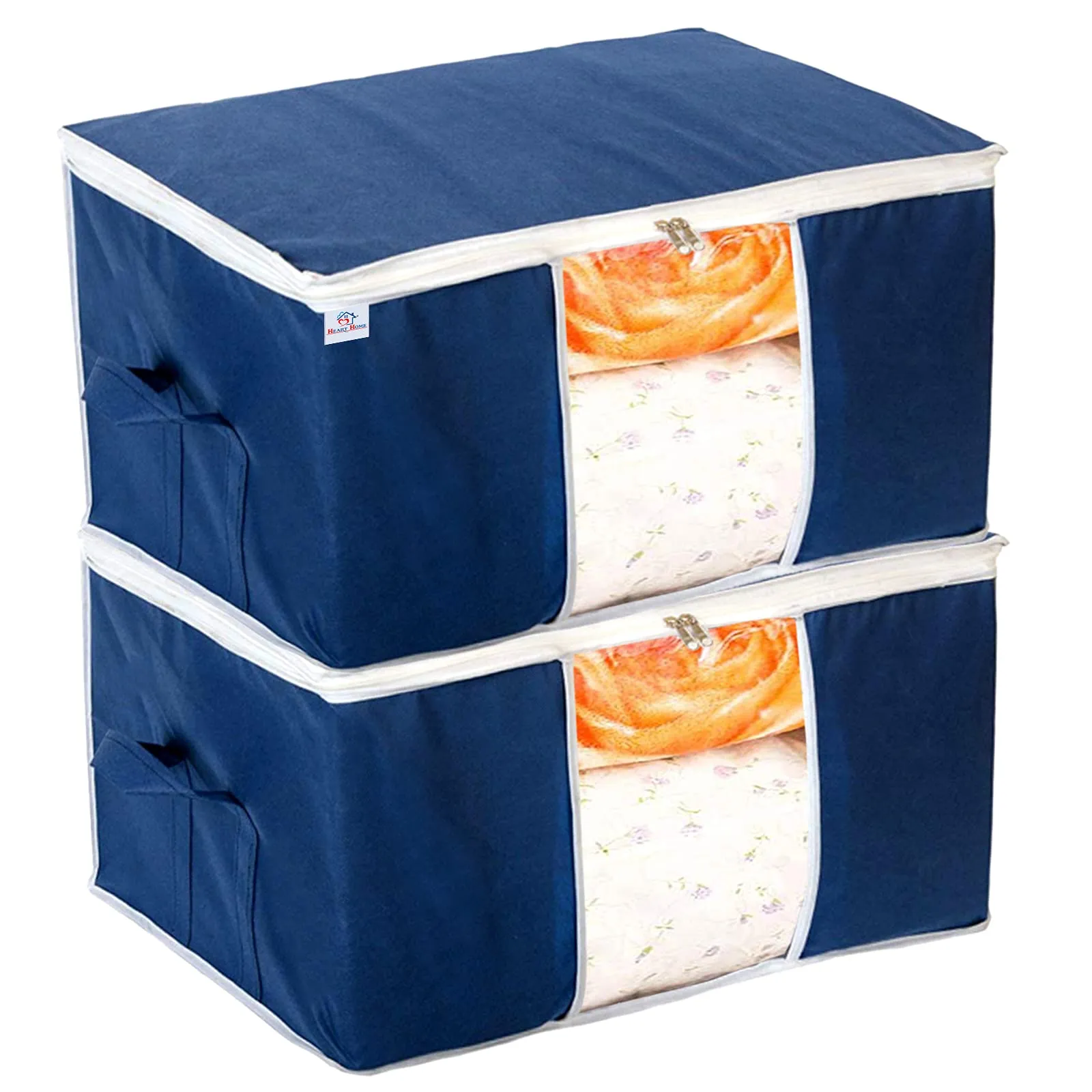 Heart Home Clothing Storage Bags, Under Bed Foldable Organizer, Store Blankets, Clothes With Tranasparent Window- Pack of 2 (Navy Blue)-HS_38_HEARTH21707