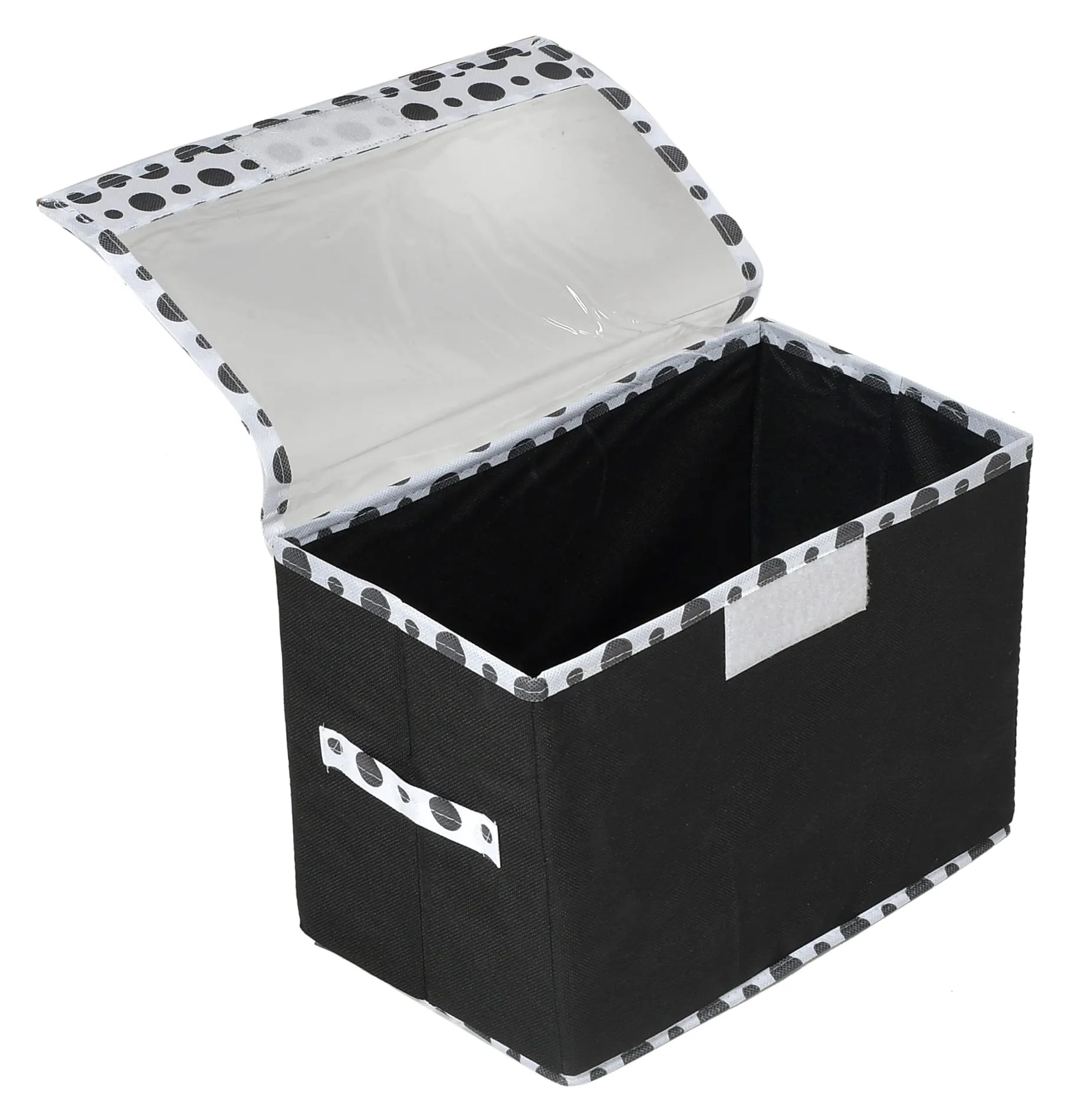 Heart Home Dot Printed Foldable Medium Non-Woven Storage Box/Bin For Books, Towels, Magazines, DVDs & More With Tranasparent Lid (Black) -44HH0416