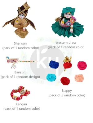 Laddu gopal sherwani, western dress, bansuri, kangan & nappy combo