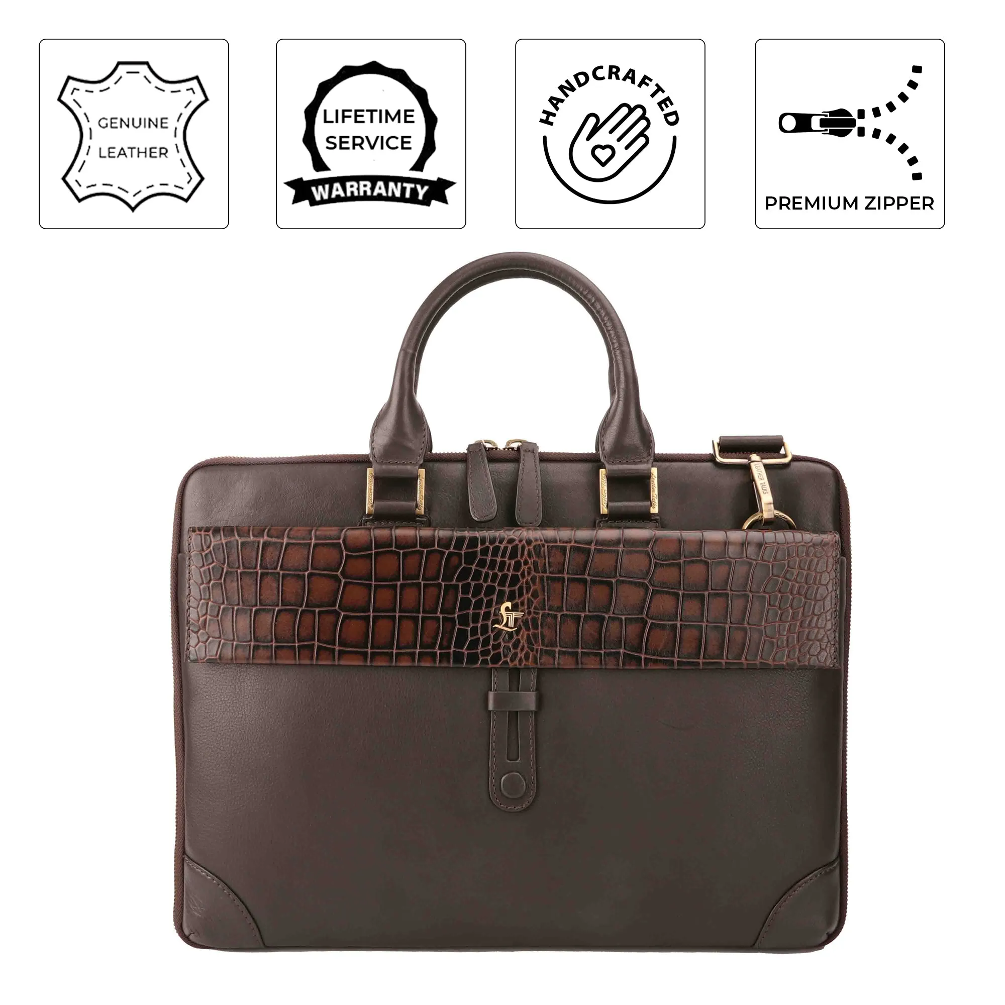 Loop II Pure Leather Laptop Bag for Men | Folio Bag | Deep cut Croco Embossed Genuine Leather | Office Bag | Brown & Black