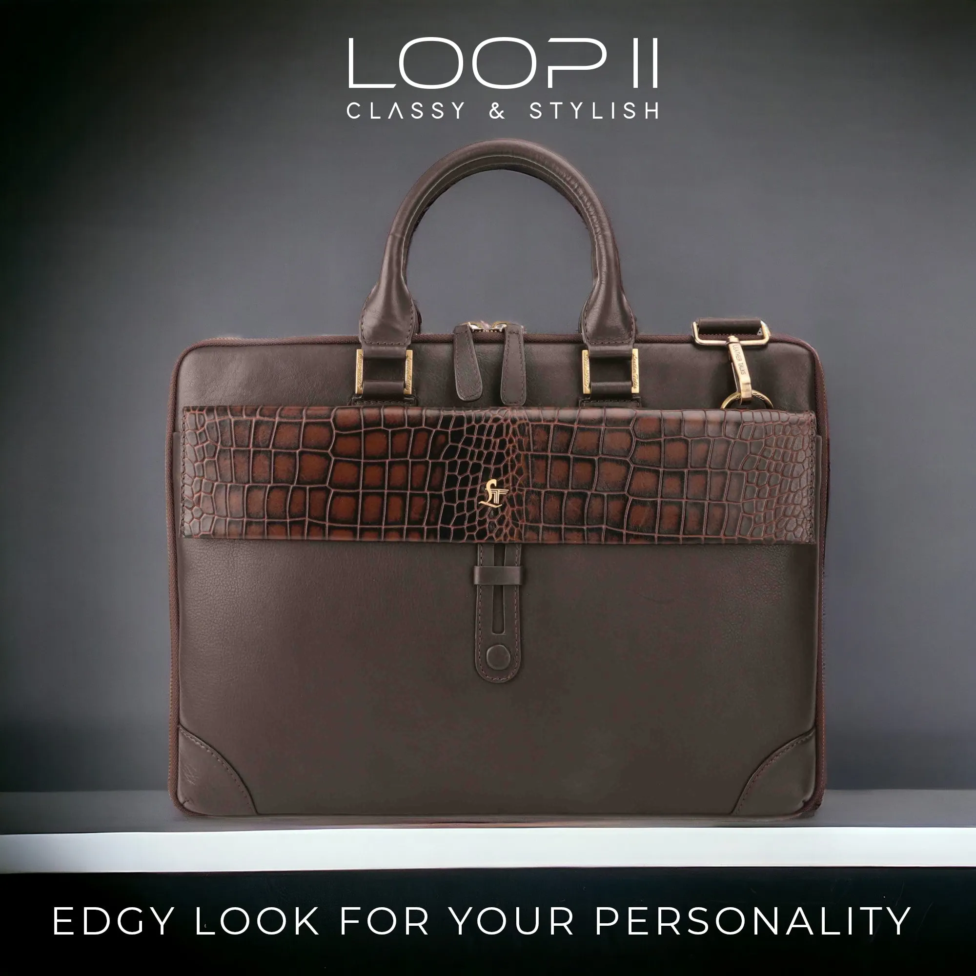 Loop II Pure Leather Laptop Bag for Men | Folio Bag | Deep cut Croco Embossed Genuine Leather | Office Bag | Brown & Black