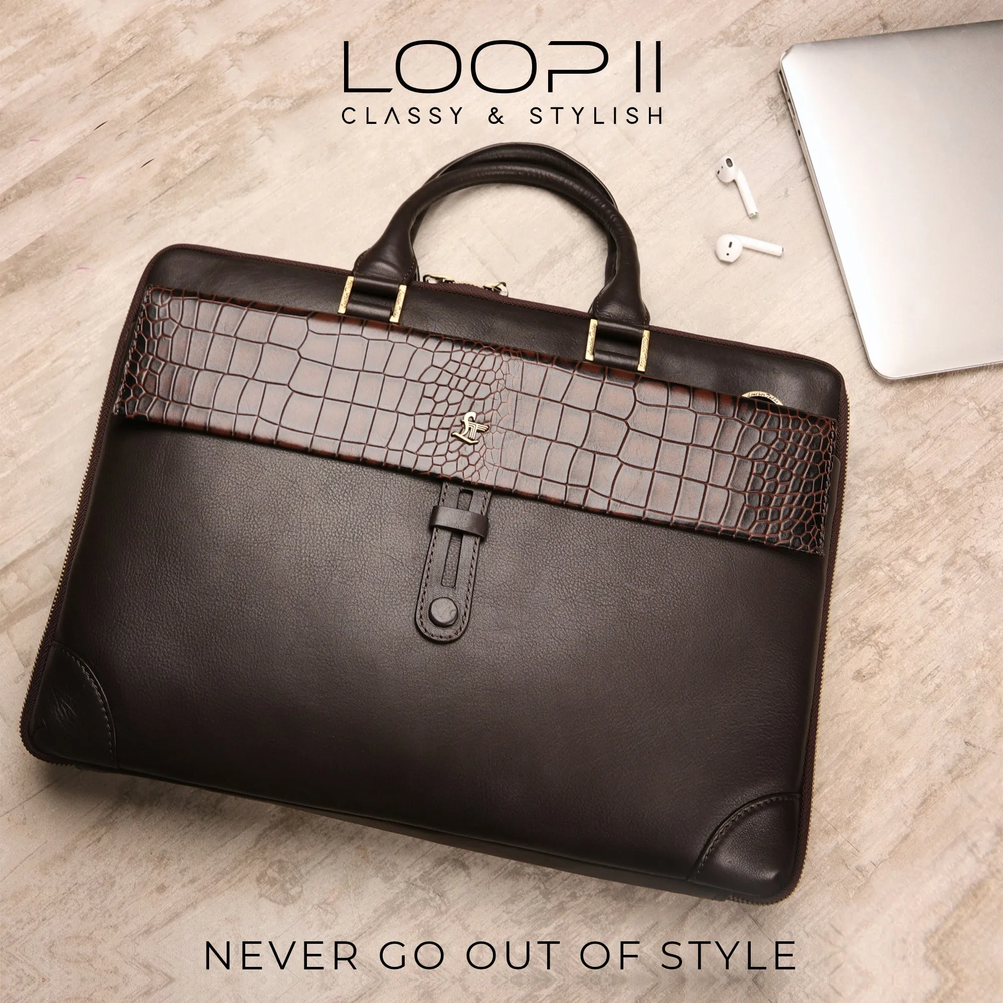 Loop II Pure Leather Laptop Bag for Men | Folio Bag | Deep cut Croco Embossed Genuine Leather | Office Bag | Brown & Black