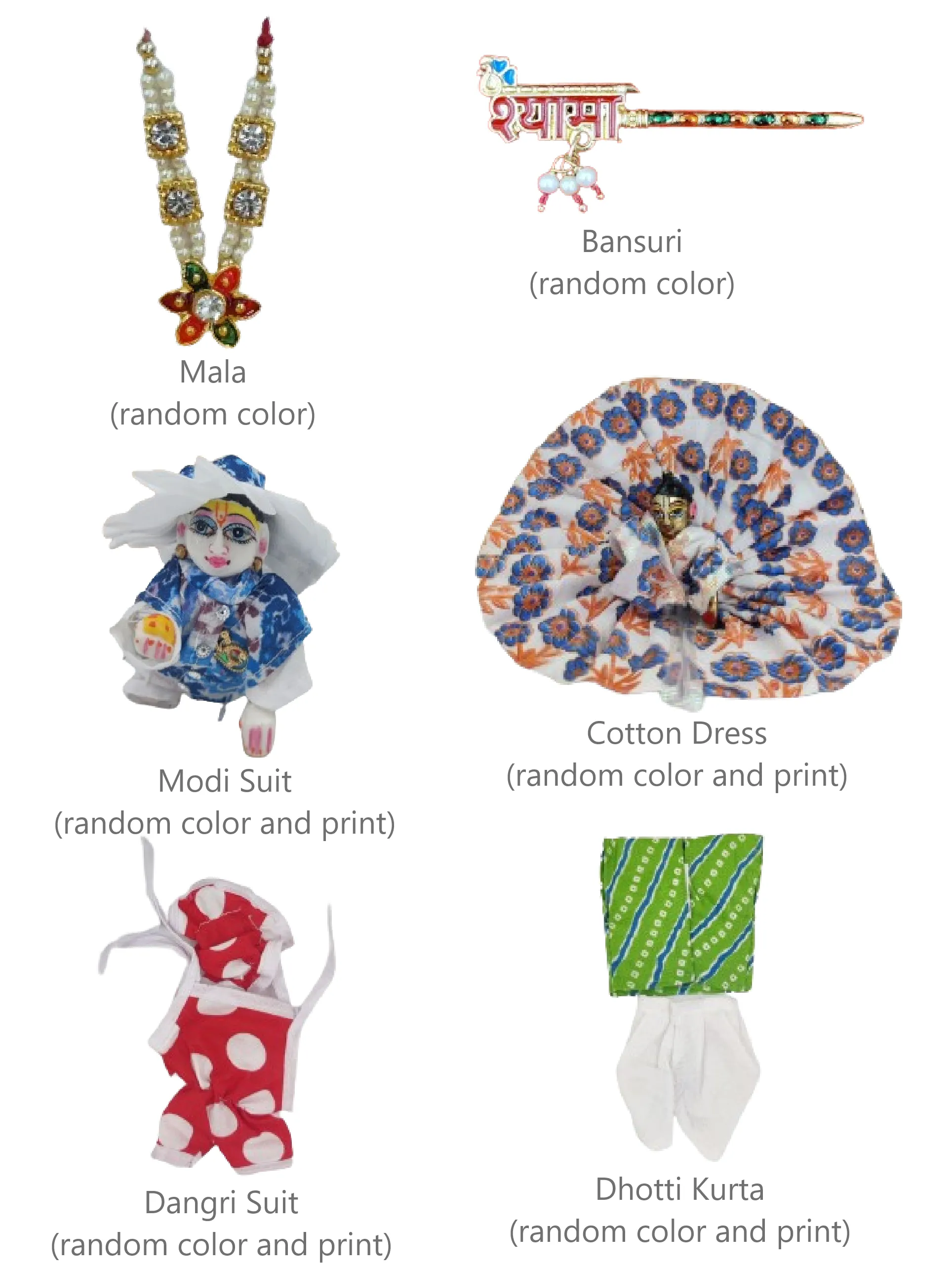 Mala, Bansuri, Dangri Suit, Modi suit, Cotton dress & Dhotti kurta Combo for laddu gopal ji