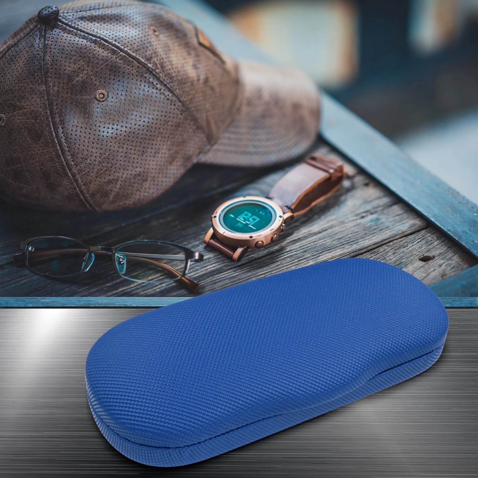 Men Hard Eyeglass Case for Small medium Frames - Glasses Case Holder with pouch and Cleaning Cloth (AS196 Rough Blue)