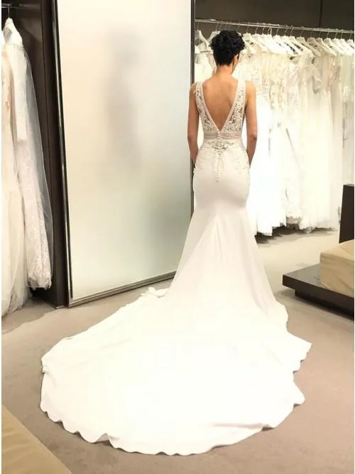 Mermaid V-Neck Backless Court Train Ivory Wedding Dress with Lace APW0257