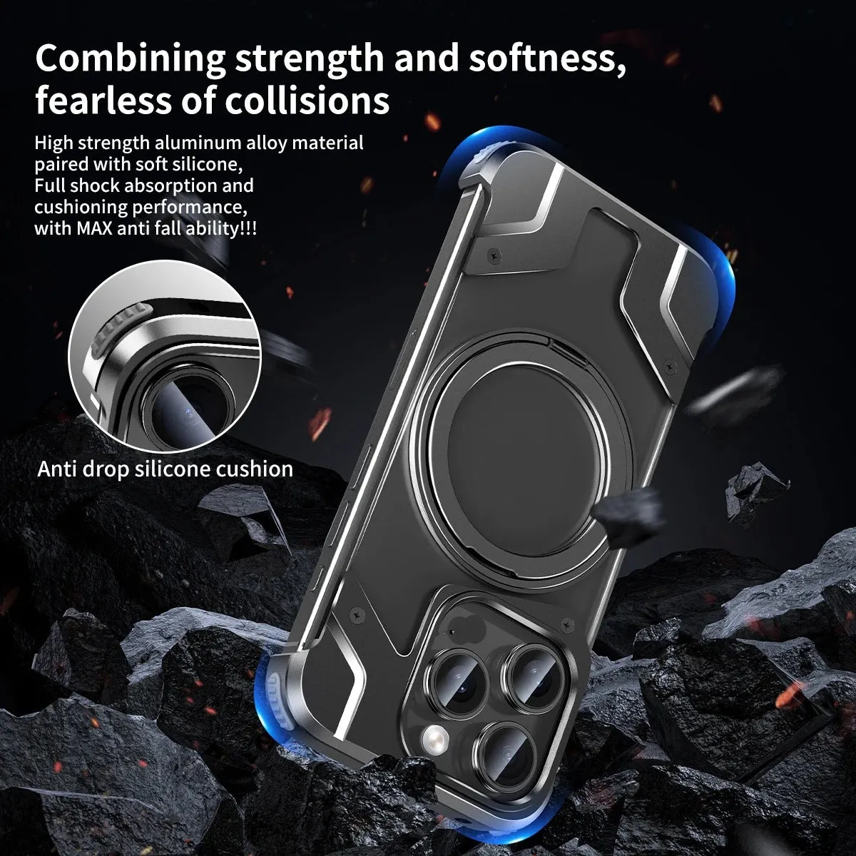 Metal Aluminium Alloy  Frameless Case With 360 Magnetic Rotating Bracket For iPhone