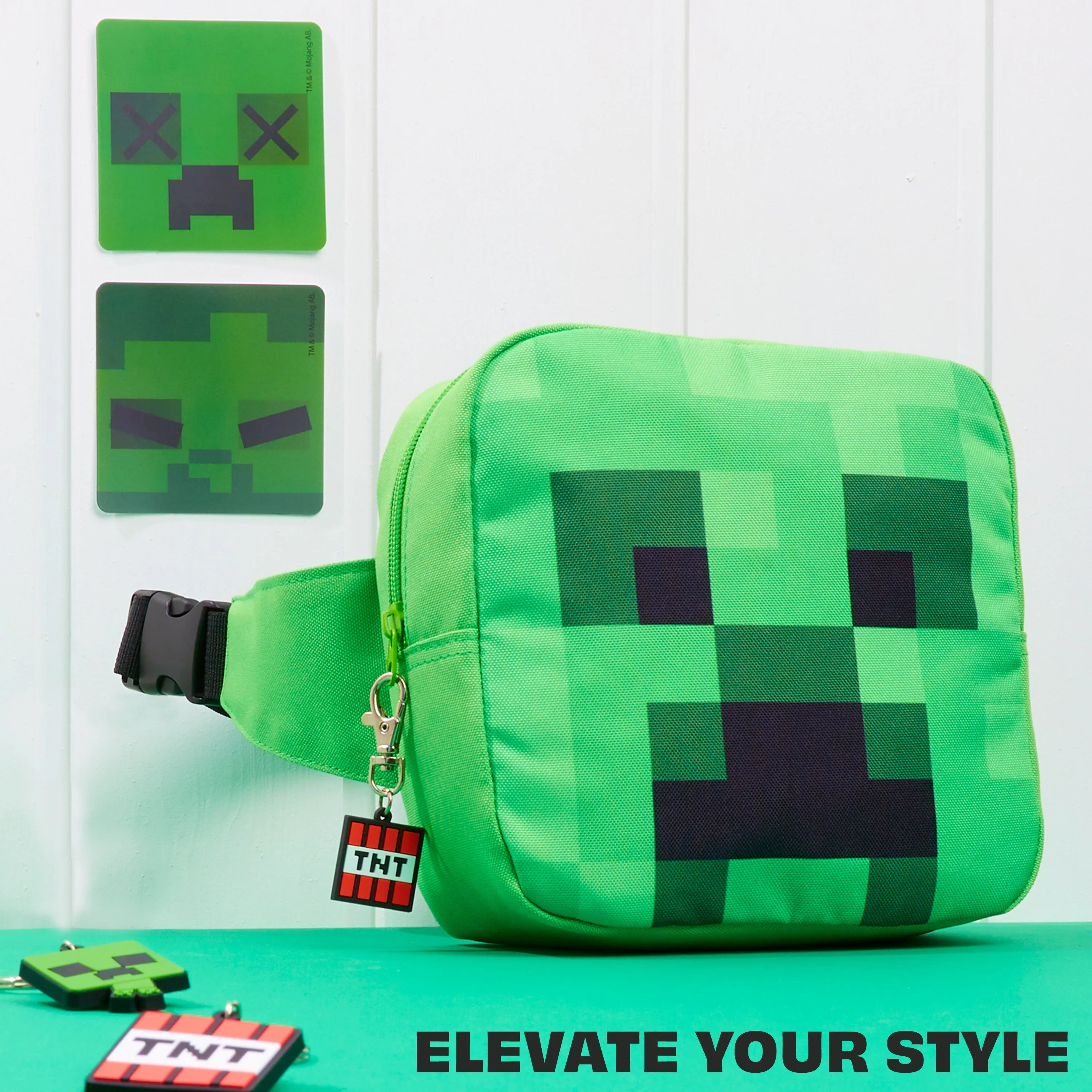 Minecraft Boys Waist Pack with Adjustable Strap, Creeper Travel Bag - Gamer Gifts (Green)