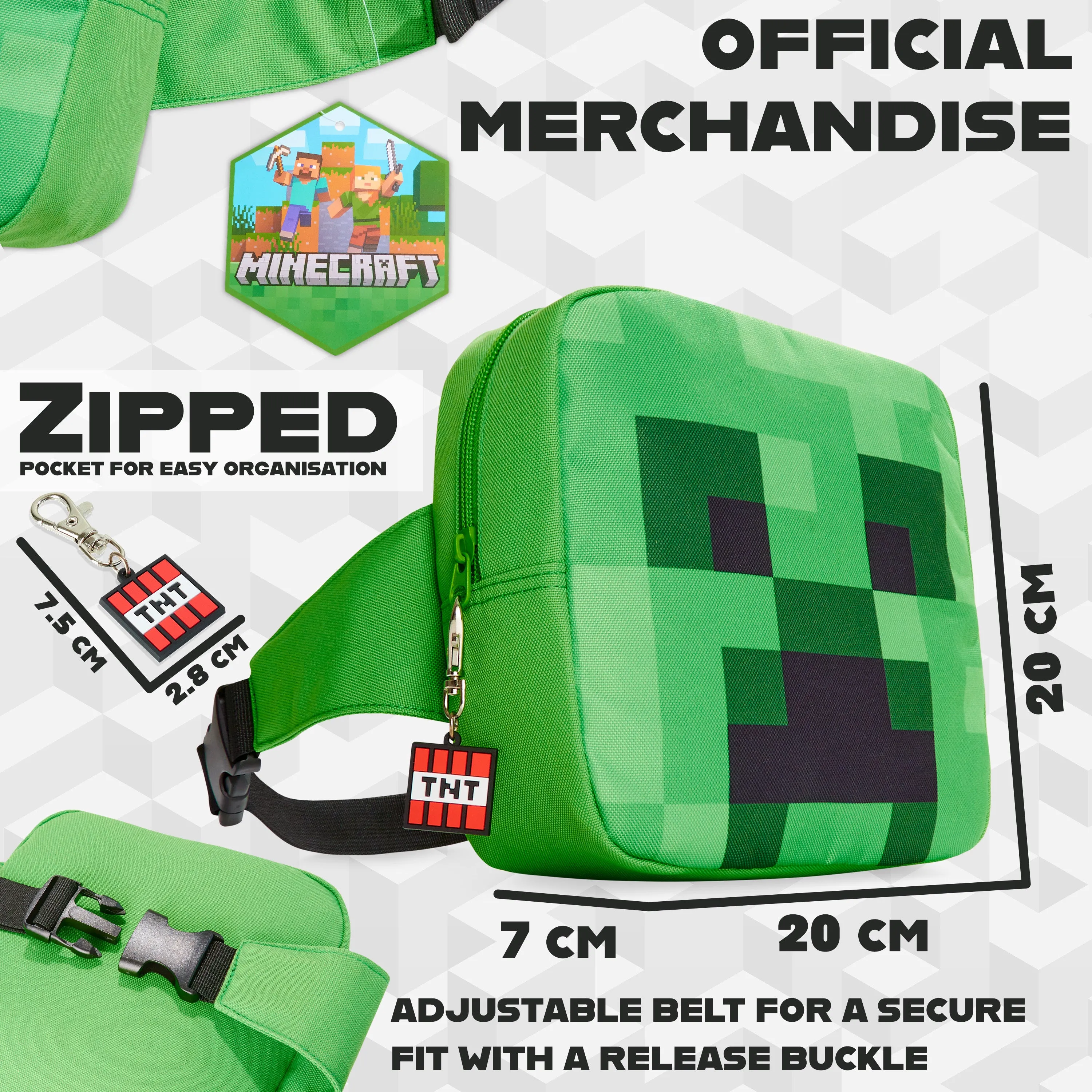 Minecraft Boys Waist Pack with Adjustable Strap, Creeper Travel Bag - Gamer Gifts (Green)