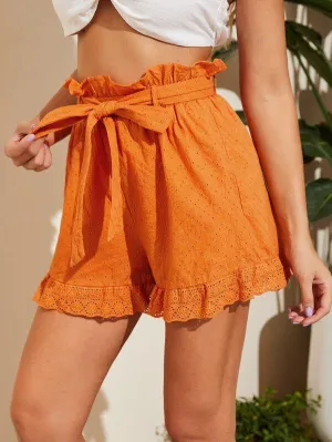 Paperbag Waist Ruffle Hem Self Belted Schiffy Shorts