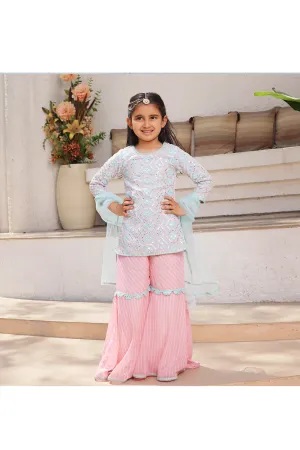 Pastel Mirror Embroidered Kurti with Leheriya Sharara Set