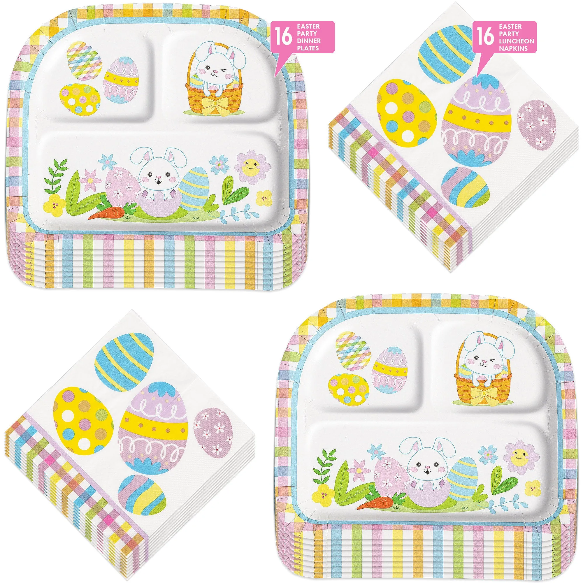 Pastel Plaid & Easter Bunny Sectioned Paper Dinner Plates and Lunch Napkins