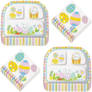 Pastel Plaid & Easter Bunny Sectioned Paper Dinner Plates and Lunch Napkins