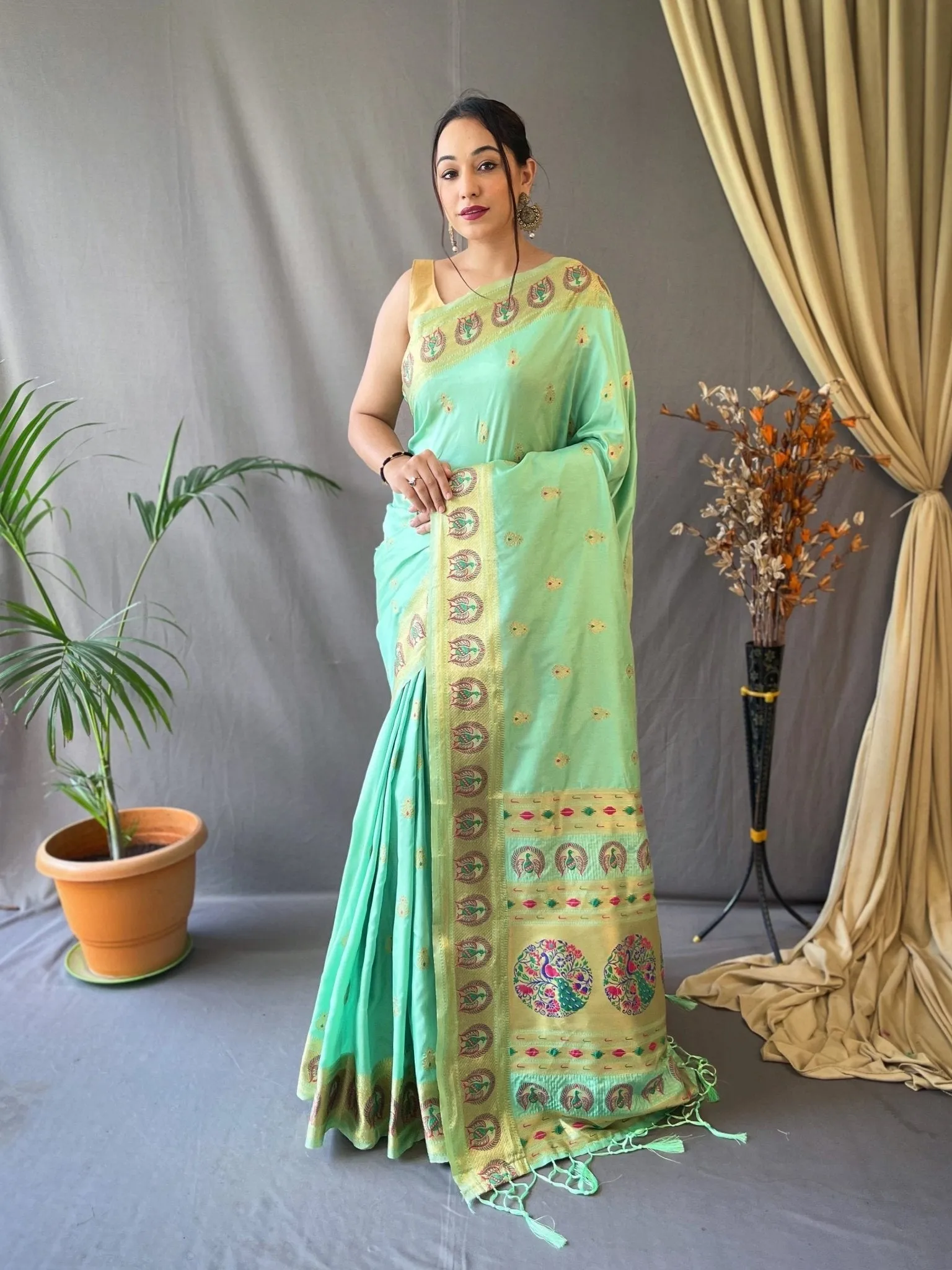 Pastel Sea Green Saree in Paithani Silk